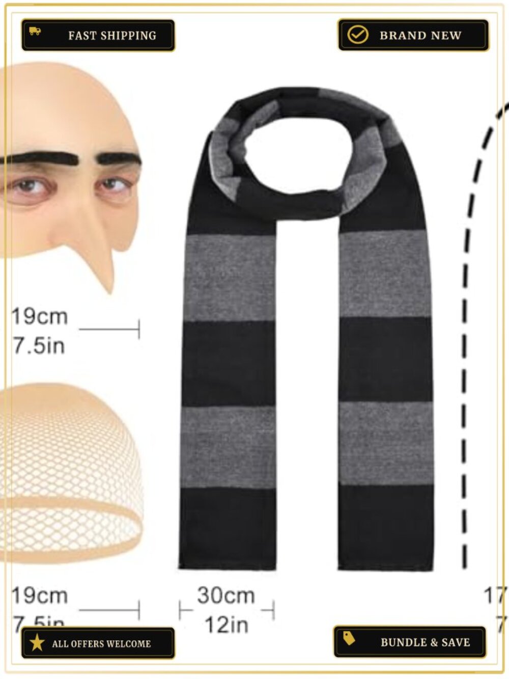 3Pc Halloween Costume Set Bald Cap Striped Scarf Mesh Wig Cap Adult Cosplay - Picture 2 of 6